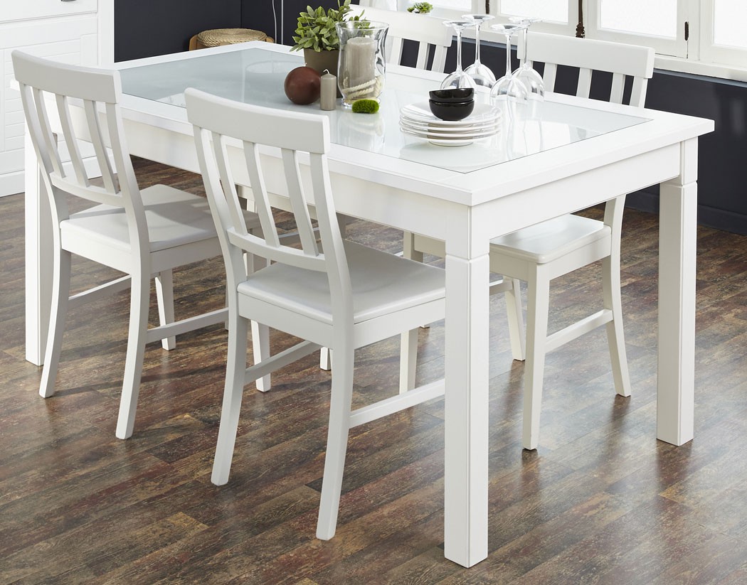 Tischgruppe Esstisch 160x90 mit 6x Holzstuhl weiß Esszimmertisch