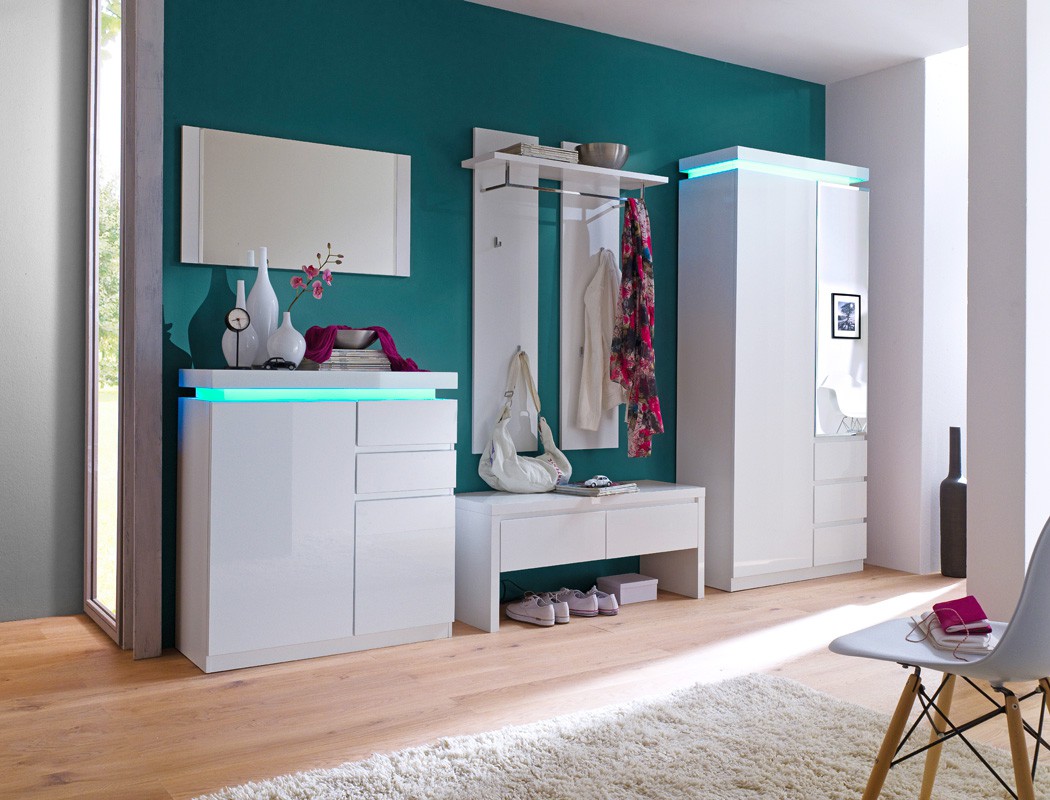 Garderobe Odin Hochglanz weiß 5teilig LED Beleuchtung Garderobenmöbel