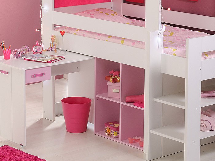 Hochbett Beauty 5 90x200cm Weiß Rosa Kinderbett