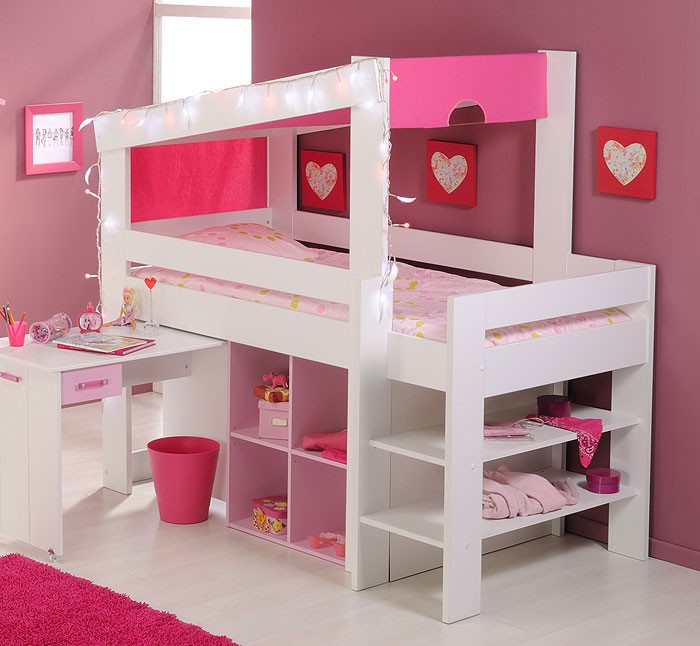 Hochbett Beauty 5, 90x200cm, weiß rosa lackiert, Kinderbett Ikea Kinderbett Zum Ausziehen ~ Hochbett Beauty 5, 90x200cm, weiß rosa lackiert, Kinderbett