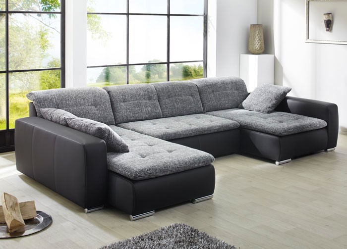 Gartenmobel Korb Rattan : Sofa, Couch Ferun 365x200185cm, Webstoff anthrazit Kunstleder schwarz Gartenmobel Korb Rattan : Sofa, Couch Ferun 365x200185cm, Webstoff anthrazit Kunstleder schwarz