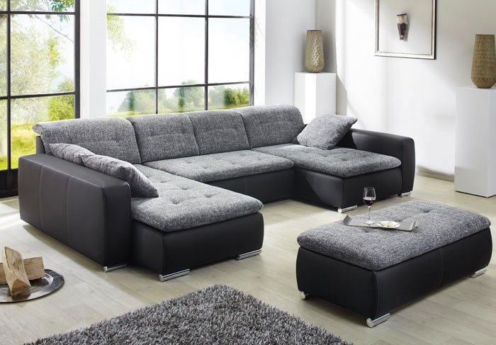 Sofa, Couch Ferun 365x200/185cm mit Hocker, anthrazit ...