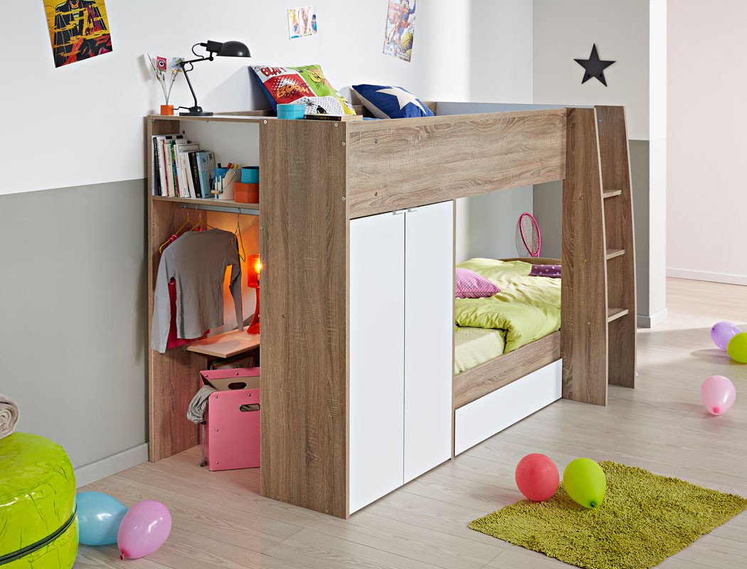 Etagenbett bett 90x200 cm eiche weià hochbett jugendbett ... Kinderhochbett mit stauraum